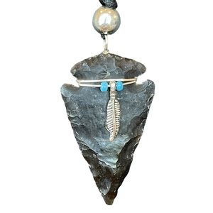 Genuine Flint Carved Arrowhead Necklace Artisan Native Southwestern Feather